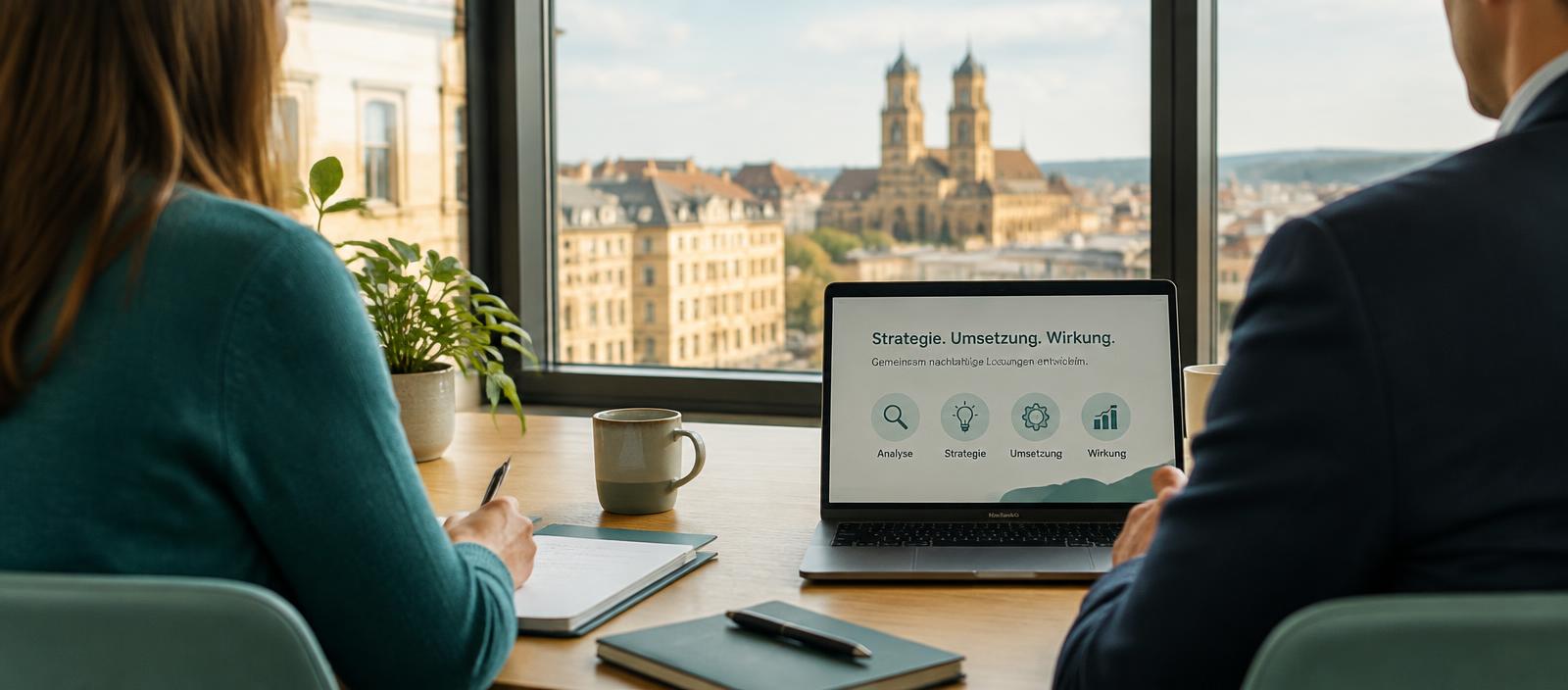 Beratungsgespräch am Tisch mit Blick über eine Stadt