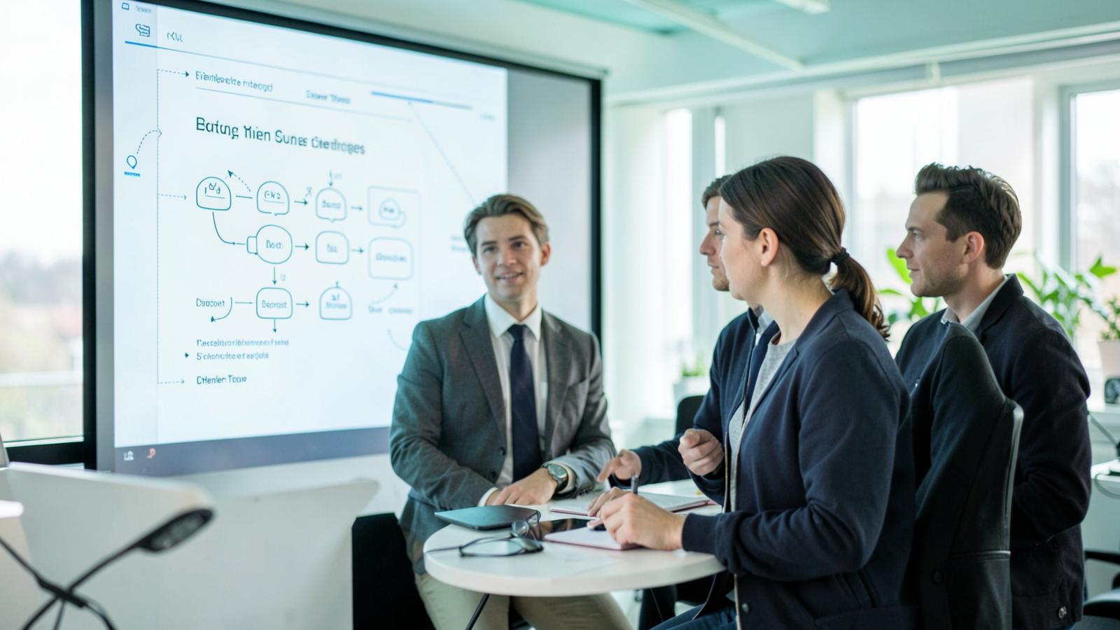 Team im Büro bespricht einen schrittweisen Digitalisierungsplan am Bildschirm