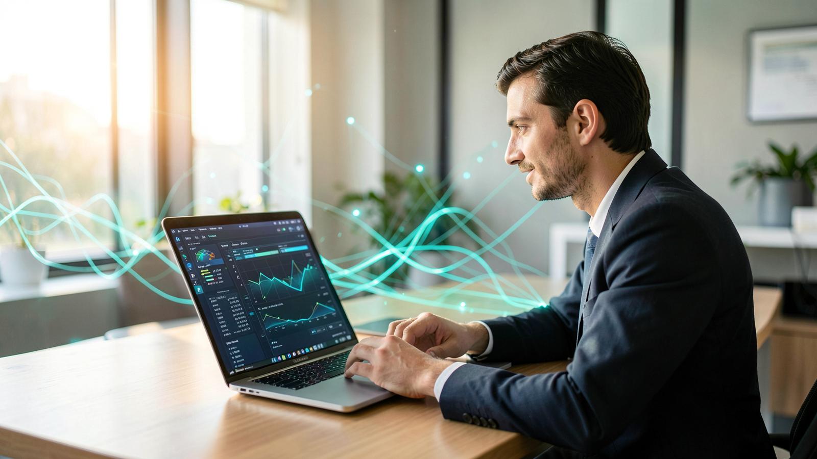 Mitarbeiter arbeitet am Laptop mit einem KI-Assistenten und Datenauswertung